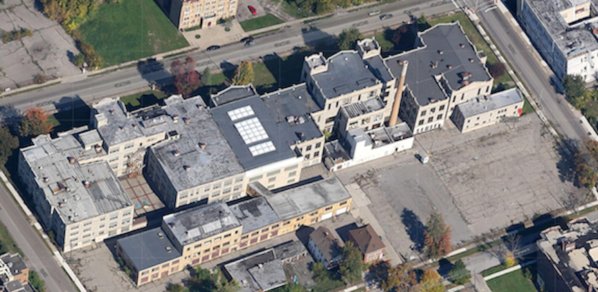 An Aerial shot of Galapagos Art Space buildings in Highland Park